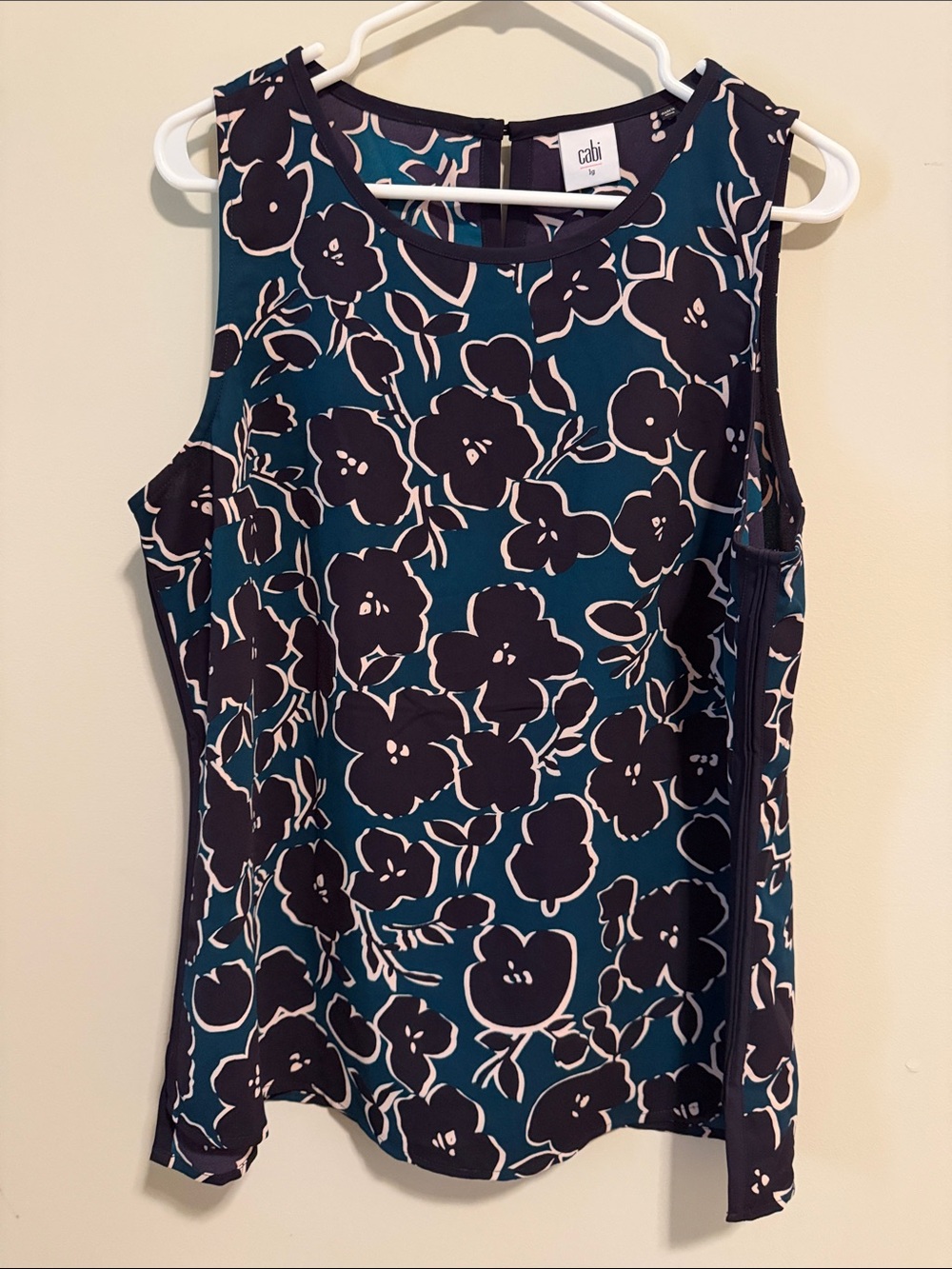 CAbi Teal Navy and White Floral Sleeveless Top